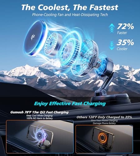for Qi2 15W MagSafe Car Mount Charger with Cooling Fan, [Rapid Charging Cooler with RGB Lights], 78+LBS Stronger Suction Wireless Magnetic Mount on Vent/Dash/Windshield, for iPhone 17 16 15 14 13 12 view 2