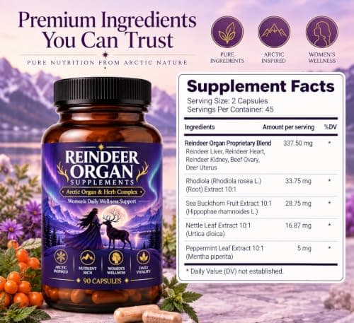 Arctic Goddess Reindeer Supplement, Organ Complex for Women, 90 Capsules | 337.50 mg Five-Organ Blend | Rhodiola + 3 Botanicals — Daily Vitality & Healthy Stress Response view 2