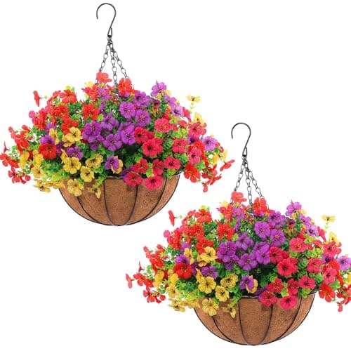 Hananona 2 Set Artificial Outdoor Flowers with Hanging Basket, 2 Hanging Planters with 24 Pcs Flowers for Spring Summer Front Porch Garden Patio Home Decor (2, Red, Purple, Yellow, Rose Red) view 1