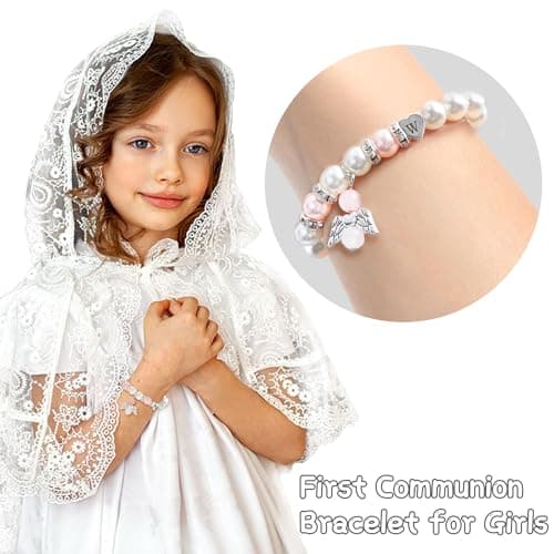 BAYLAY First Communion Gifts for Girls, First Communion Bracelet for Girls, Angel Wings Heart Letter Initial Pearl Bracelet, First Communion Gifts for Girls Catholic, Teen Girls First Communion Gifts view 3