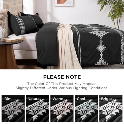 Embroidered Comforter Set Queen, 3-Piece Boho Bedding, Black view 6