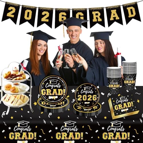 Graduation Decorations 2026 Disposable Black Graduation Tableware Kit for 25 Guests Plates Napkins Cups Tablecloth Hanging Graduation Party Decorations 2026 view 4