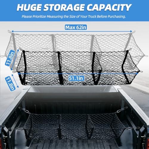 3 Pocket Truck Bed Cargo Net, Heavy Duty Truck Bed Storage Organizer with Super-Stretch Elastic,Universal Cargo Netting for Pickup Trucks SUV RV – Fits Ford F-150 Toyota Tacoma Chevrolet Silverado view 2