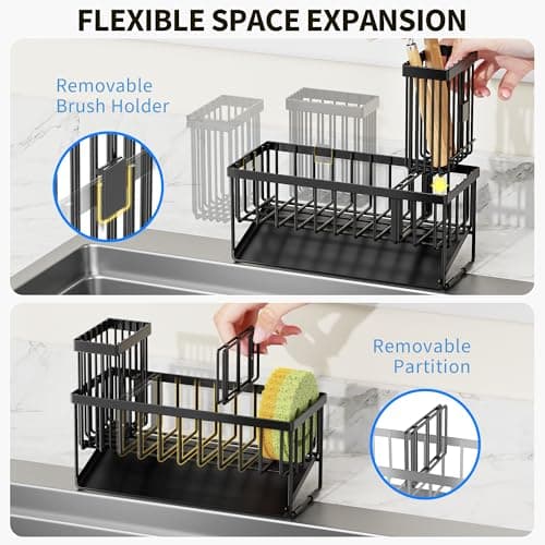 Cisily Sink Caddy Sponge Holder for Kitchen with Brush Holder and Stainless Steel Self Drain Tray, Rustproof Kitchen Sink Organizer for Sponge, Soap Dispenser Storage Accessories view 3