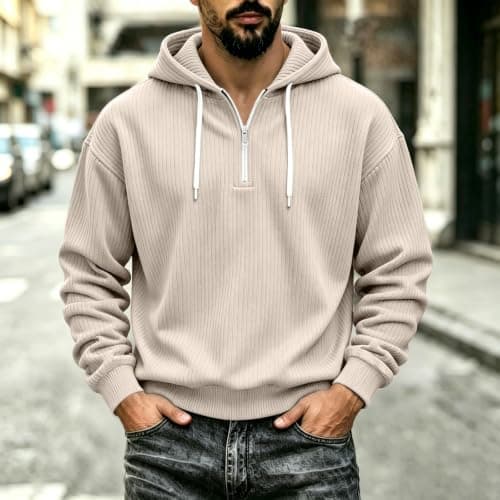 Mens Quarter Zip Pullover Corduroy Jacket Hoodies Sweatshirt view 2