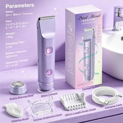 Bikini Trimmer for Women, Electric Razor & Shaver with Dual Ceramic Blades, Painless Hair Removal for Face, Body & Intimate Areas, 90min Cordless Runtime, Waterproof Travel Grooming Kit (Purple) view 3