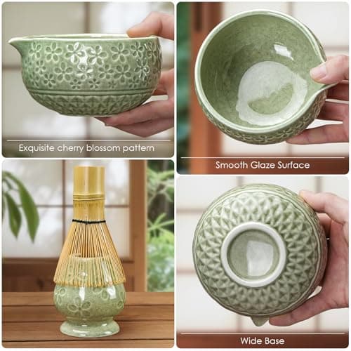 7Pcs Matcha Whisk Set, Matcha Set Whisk and Bowl,Bamboo Scoop, Scoop Rest, Sifter and Tea Towel, Matcha Kit W/Carved Cherry Blossm Pattern for Matcha Lovers (Sakura Green) view 3