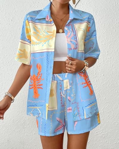 Bsubseach 2 Piece Short Sets for Women Tropical Printed Short Sleeve Button Down Shirt and Shorts Summer Beach Vacation Set view 2