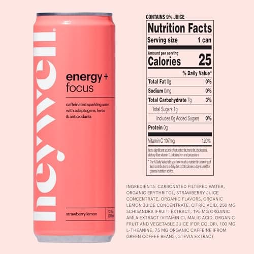Heywell Sparkling Adaptogenic Water Energy and Focus, Strawberry Lemon Flavor 12 Fluid Ounce (Pack of 12) - Caffeinated, Organic, Non GMO, Vegan, Gluten Free, Dairy Free view 2