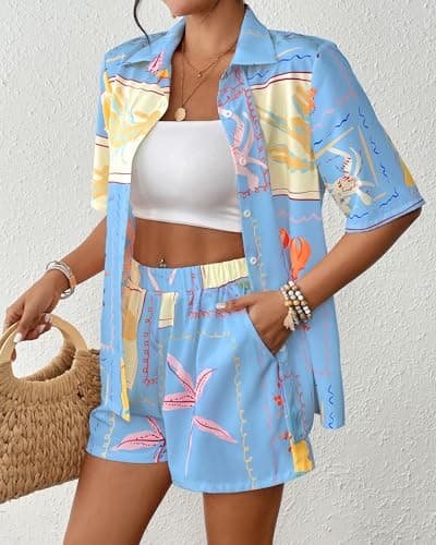 Bsubseach 2 Piece Short Sets for Women Tropical Printed Short Sleeve Button Down Shirt and Shorts Summer Beach Vacation Set view 3