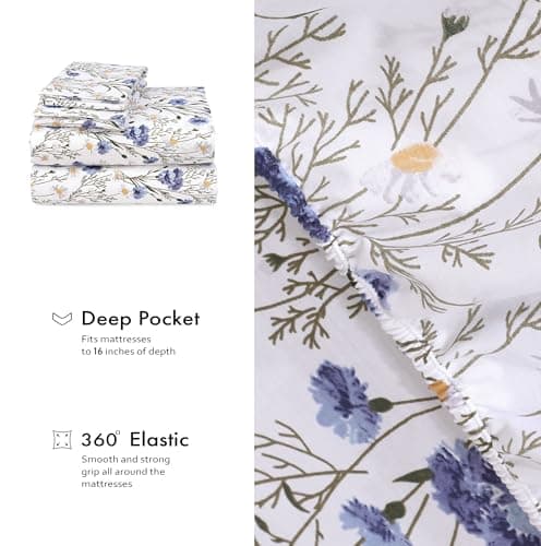 RUVANTI 100% Cotton Sheets – Queen Size Percale Bedding, Cooling & Breathable Floral Design, Durable with a Crisp, Soft & Comfortable Feel, 16" Deep Pocket, 4-Piece Set, Sweet Pea view 6