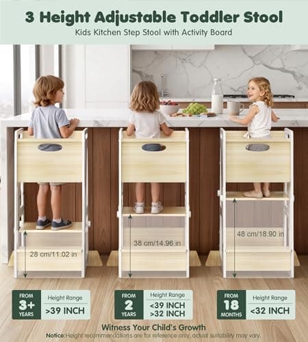 OPAUL Toddler Standing Stool - 3-Level Adjustable Kitchen Step Stool for Kids, Sturdy Wooden Kitchen Stool with Non-Skid Feet (Ages 18 Months-6 Years), White view 4