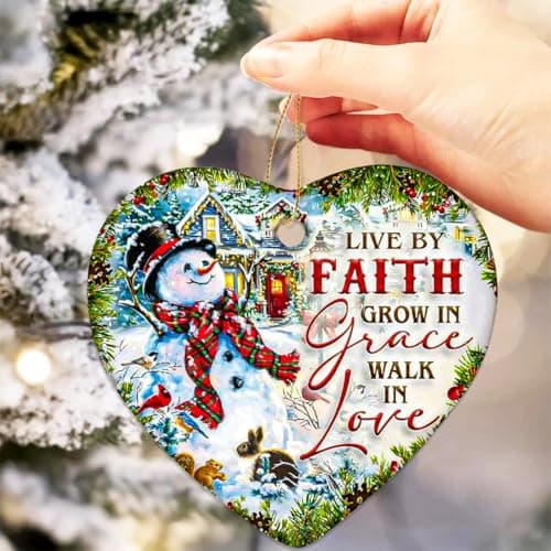 Snowman Christmas Ornaments 2025, Ceramic Snowman Ornaments for Christmas Tree - Live by Faith, Grow in Grace, Walk in Love, Religious Christian Ornament Gift for Family Friends view 4