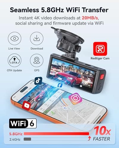 REDTIGER F7NA 4K Dual Dash Cam, STARVIS 2 IMX678, 8MP, 5GHz WiFi (20MB/s Fast Download), 4K Front 1080P Rear, GPS, Voice Control, WDR, HDR Night Vision, 24H Parking Mode, Support 512GB Max(No SD Card) view 4