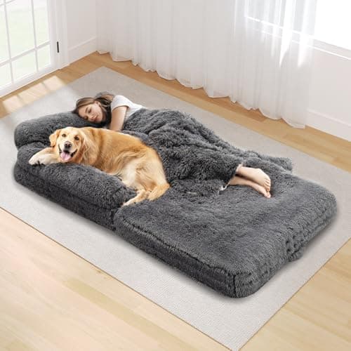 OtterOasis Foldable Human Dog Bed for Adults, Fluffy Human Sized with Blanket, Orthopedic Washable Dog Bed with Memory Foam and Water Repellent Liner for Pet (Grey, 72 * 44 * 10 inch) view 2