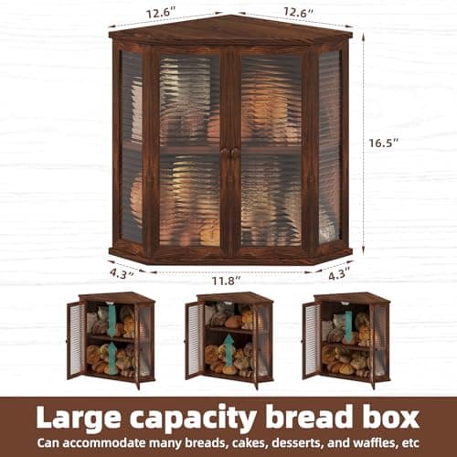 WouZglk Extra Large Corner Bread Box for Kitchen Countertop, 16.5 Inch Charred Pine 2-Tier Breadbox with Glass Wavy Door Panel, Vintage Farmhouse Style Wood Design (Pine Wood) view 3