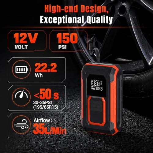 Cordless Tire Inflator Portable Air Compressor with Gauge for Car Tires | Fast Inflator 35L/Min, Dual Power Modes, Auto Shut Off, LED Light, car accessories, for Cars Motors Bikes Balls Pickup Truck view 3