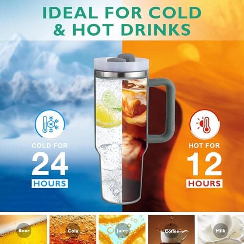 REVGOZU 40 Oz Tumbler with Handle Straw Lid Insulated Stainless Steel Vacuum Reusable Coffee Cup Holder Friendly Keep Drinks Cold Gifts for Lover Women Men Car Gym Travel (Grey) view 5