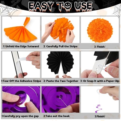 26PCS Halloween Party Decorations, Purple Black Orange Paper Fans Set, Halloween Pompom Banner Garland Fans Hanging Swirls for Trick or Treat Party Decor Accessories Indoor Outdoor Home Decorations view 4