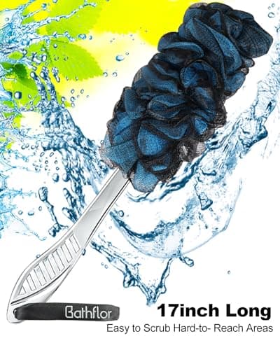 Bathflor Shower Loofah Sponge Exfoliating Body Scrubber 80g, Charcoal Loofa for Women & Men Bath Wash: 1 Long Handle Back Brush Plus 4 Packs Extra Large 80g Soft Luffa Poufs, 1 Lufa Hook (Charcoal) view 6