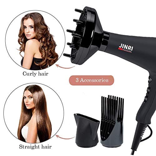 JINRI Ionic Hair Dryer with Diffuser & Comb and Concentrator, Lightweight Quiet Infrared Blow Dryer, Powerful 1875 Watt Motor for Smooth and Fast Drying Hair, Black view 3