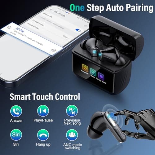 Wireless Earbuds, Touch Screen Case, ANC/ENC Noise Cancelling, 48H, Black | Touch Screen Controls, 5 EQ Modes, Bluetooth 5.4, HiFi Stereo, Transparency Mode, IPX7 Waterproof, All-Day Comfor view 5