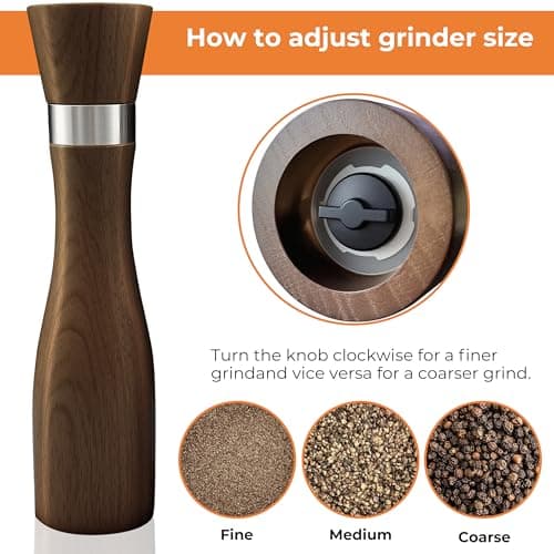 Wooden Salt and Pepper Grinder Set:Premium Beech Wood Manual Mills,9" 5PC with Tray & Spoons,Adjustable Ceramic Core,Refillable,Non-Slip Base-Kitchen Counter Decor view 4