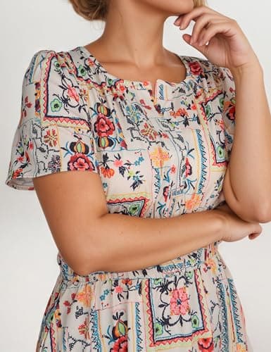 ACCPUR Women's Summer Boho Maxi Dresses Floral V Neck Tiered Short Sleeve Long Dress Flowy Beach Vacation Dress with Pockets view 2