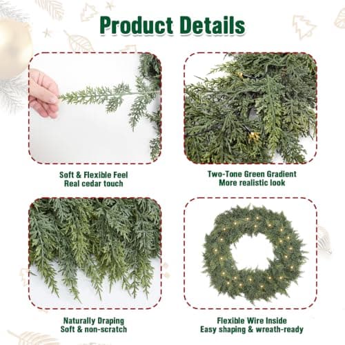 9FT Christmas Garland with Lights, Extra Full Lighted Cedar Garland view 3