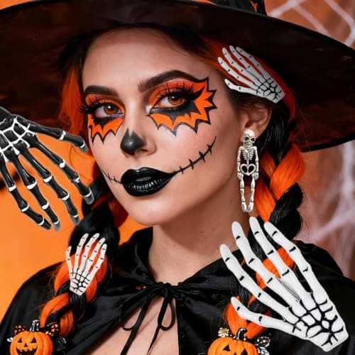 Halloween Hair Clips Skeleton Hands Bone 6Pcs White and Black, Punk Rock Horror Alligator Barrettes Hair Clip for Women Girls Hair Accessories(Hairpin, 6 Pcs) view 2