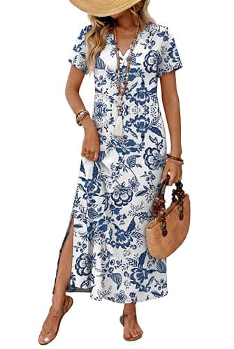 OFEEFAN Summer Dresses for Women 2026 Maxi Dress Short Sleeve Sundresses with Pockets Beach Vacation Spring Outfits view 2