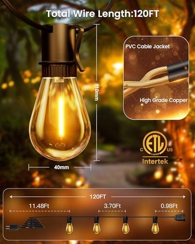Torkase Outdoor String Lights 120FT S14 Patio Light 30+2 S14 Edison Bulbs 2200K Waterproof Connectable Dimmable Hanging Lights for Cafe Deck Party view 3