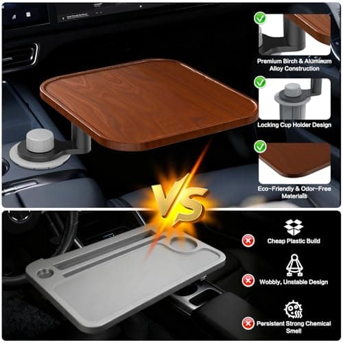 360° Rotation Car Desk for Laptop, Height-Adjustable Cup Holder Table, Wooden Car Food Tray & Laptop Mount Compatible with Tesla Model Y/3/S, Ford F150/Explorer/Maverick & Most Vehicles (Warm Walnut) view 5