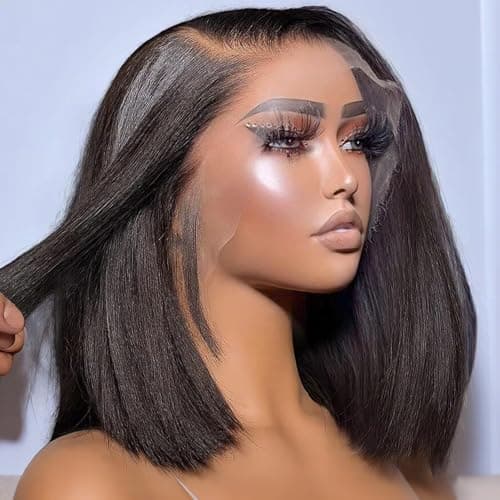 FFEGG Bob Wig Human Hair 13x4 Short Straight Bob Lace Frontal Wigs for Black Women Human Hair Pre Plucked Glueless Black Color 10 Inch view 2
