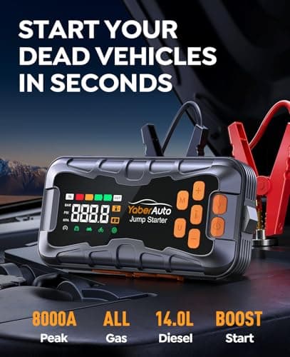 YaberAuto 16-in-1 Jump Starter with Air Compressor 8000A 160PSI Car Battery Jump Starter (All Gas/14L Diesel) 12V Jump Box Car Battery Jumper Starter Portable Jumper Cables, Emergency Tool Kit, Gloves view 2