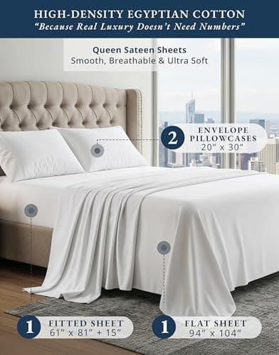100% Egyptian Cotton Sheets Queen Size - Naturally Cooling & Breathable 4 Piece Silky Sateen Weave Queen Sheet Set, Ultra-Soft & Durable Hotel Luxury Sheets with 15" Snug Fit Deep Pockets - White view 2