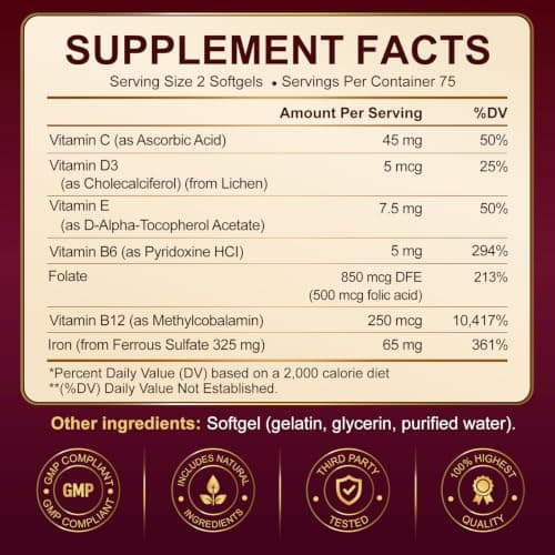 Iron 65mg 8-in-1 Multivitamin with B-Complex, B12 & Folate - 150 Softgels | Multivitamin with iron 65mg + B-Complex, Vitamin C, D3, E & Folate for blood & energy*. 2 daily, 75 day supply view 2