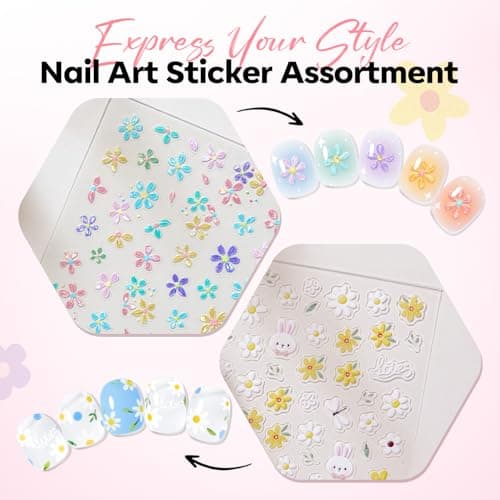 modelones Flower Nail Stickers, 3D Embossed Colorful Floral Daisy Heart Bunny Nails Supplies Flower Nail Art Design for Spring Easter Manicure DIY Nail for Women & Kids 5Pcs view 2