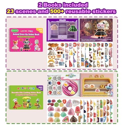 Dino Fun 2-in-1 Reusable Sticker Book for Kids – Animal Dress-Up & Cooking Play, 23 Scenes, 500+ Stickers, Fun Activity Book for Toddlers Ages 3+, Removable Sticker for Boys & Girls view 3
