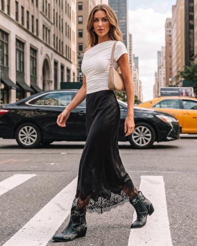 luvamia Satin Maxi Skirt Elastic Waist Lace Trim Long Slip Skirts for Women | Long Satin Skirt, Silky Fabric, Bias Cut, Easy Pull On Elastic Waistband, Straight Silhouette, Lace Hem Slip Skirt view 3