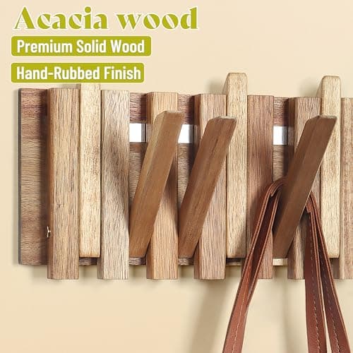 LOTOFUN Wall Coat Rack for Entryway: Farmhouse Wooden Folding 6 Hooks Mount 10.4inch Rustic Decorative Minimalist Piano Hanger for Apartment Office Small Space for Towel Backpack Jacket view 4