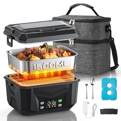 Lavsonic 100W Heated Lunch Box for Adults, 6.3 Cups Food Grade Stainless, Automatic Scheduled Heating, Portable Food Warmer for Truckers, Construction, Work with Insulated Bag, Black view 1