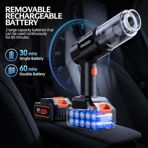 FAOGO Car Vacuum Portable Cordless, 50000Pa High Power Brushless Motor, Rechargeable Handheld Vacuum with 2 Batteries & Charger, 6-in-1 Vacuum Cleaners for Home, Pet Hair & Keyboard, Ink Black view 5