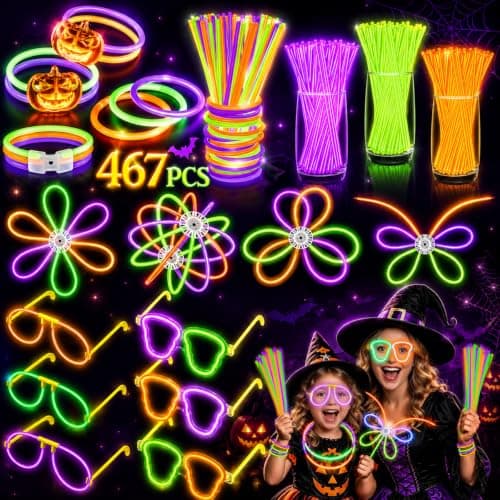 BUDI 467Pcs Glow Sticks Party Favors, Glow in the Dark Party Pack Halloween | 210 Glowsticks 3 Color 8“ & 257 Connectors, Non Candy Halloween Treats Party Supplies Kid Adult, Necklace Bracelets Glasses — image 1