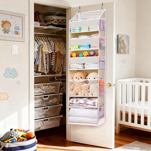 5 Tiers Over the Door Organizer with 10 Mesh Side Pockets, 44 lbs Weight Capacity Closet Hanging Storage Organizer with Large Clear Window Kids Toys, Shoes, Diapers, Beige view 4