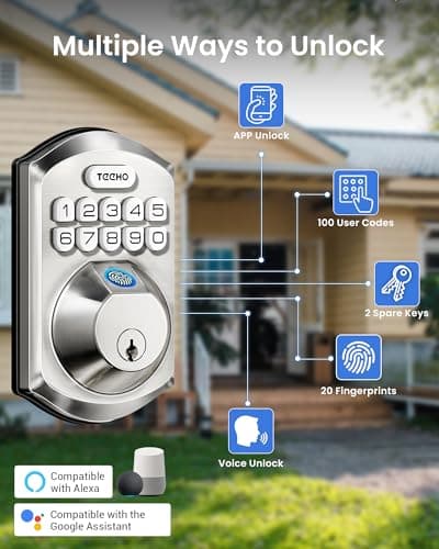 TEEHO TE012W-H WiFi Keypad Door Lock with Handle Set, Fingerprint Smart Locks, Front Door Keyless Entry, APP Remote & Voice Control, Digital Deadbolt with 2 Keys, Auto-Lock, Easy Install, Satin Nickel view 2