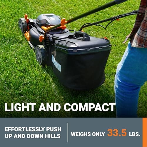 WORX 17" Cordless Lawn Mower, 2 in 1 Electric Mower Cuts Quietly, Compact & Lightweight Push Lawn Mower with 7-Position Height Adjustment for Small Yards, 2 Batteries & Charger Included, WG743 view 3