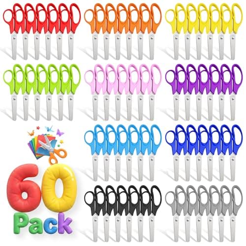 60 Pack Kids Scissors Bulk - 5" Safety Blunt Tip, 10 Colors Comfort Grip Scissors for Classroom Office Home, Student Craft Paper Cutting Back to School Supplies for Teachers & Kids