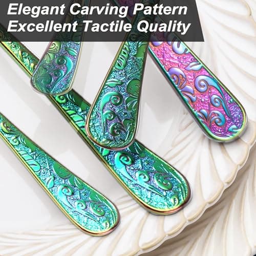 Runfly Vintage Carved Rainbow Stainless Steel 20 Pieces Flatware Set, Colorful Silverware Set, Modern Embossed Cutlery Set Utensils Including Fork Spoon and Knife view 7