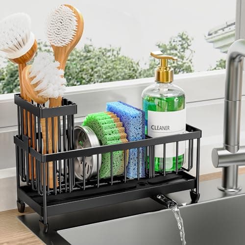 Cisily Sponge Holder for Kitchen Sink, Sink Caddy Organizer with High Brush Holder, Kitchen Countertop Organizers and Storage Essentials, Rustproof 304 Stainless Steel (Black, 9.25″) — image 1